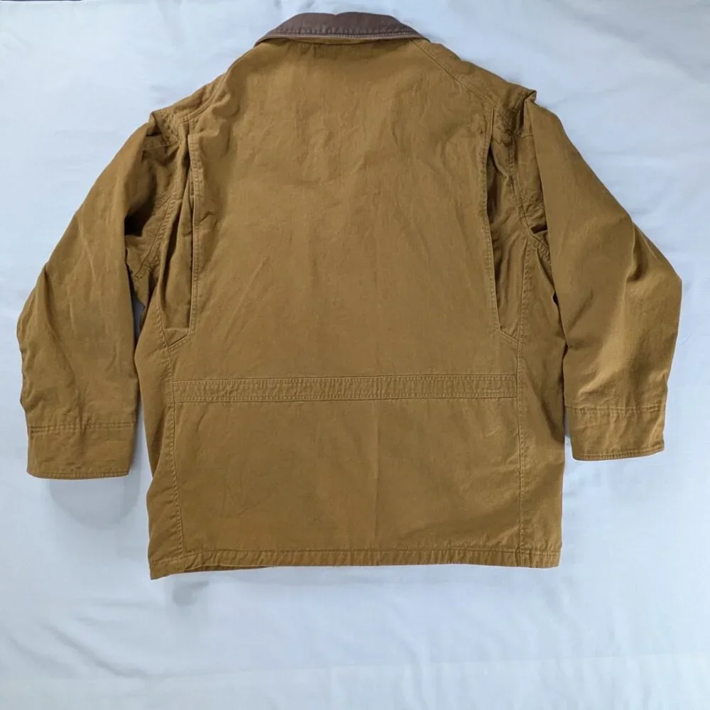 VTG Tan Khaki Multi Pocket Brown Collar Plaid Flannel Line Barn Coat Chore